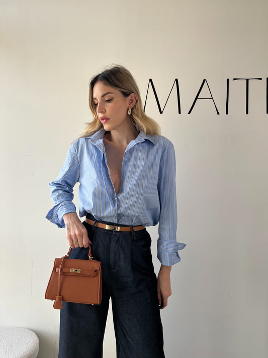 CAMICIA AZZURRA RIGHE MARRONI