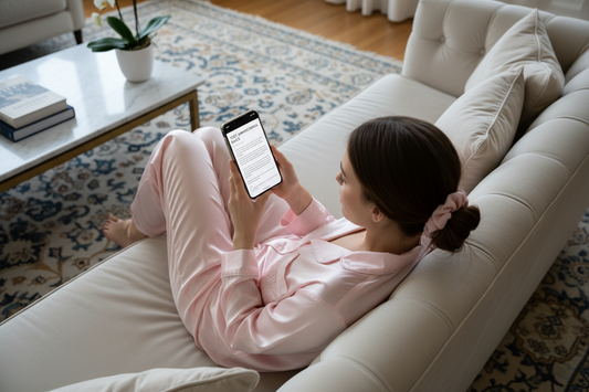 GENERA LAFOTO DI UNA RAGAZZA  VISTA DALL ALTO ,CHE INDOSSA UN PIGIAMA OLD MONEY  ROSA CONFETTO SUL DIVANO , IN MANO HA IL CELLULARE E STA GUARDANDO UN PDF CON SCRITTO TEST ARMOCROMIA MAITE